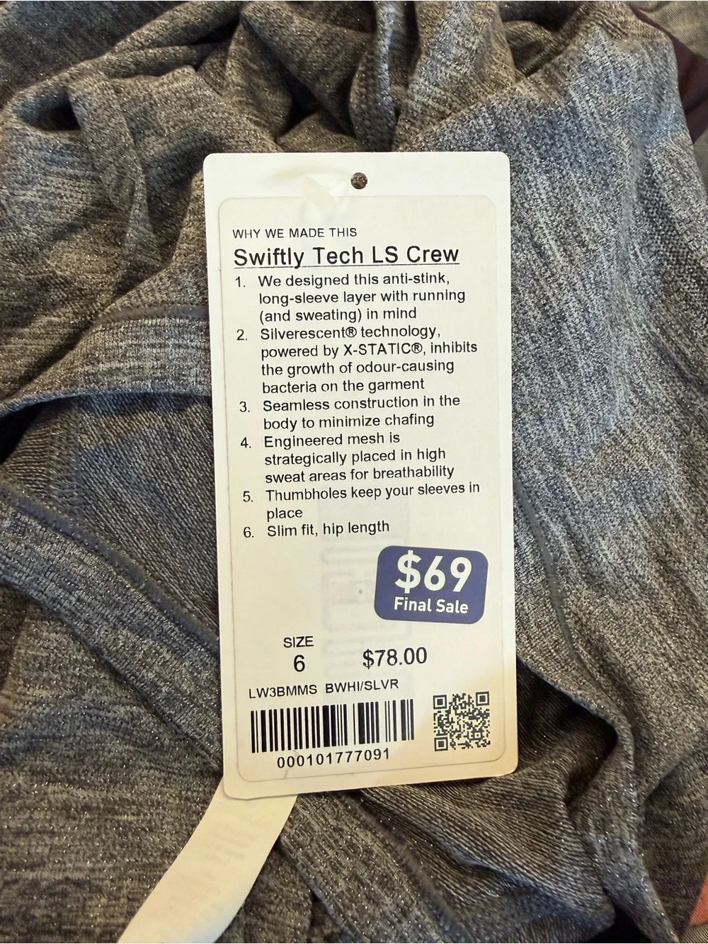 Lululemon Swiftly Tech LS Crew Gray Silver Sparkle Size 6 NWT